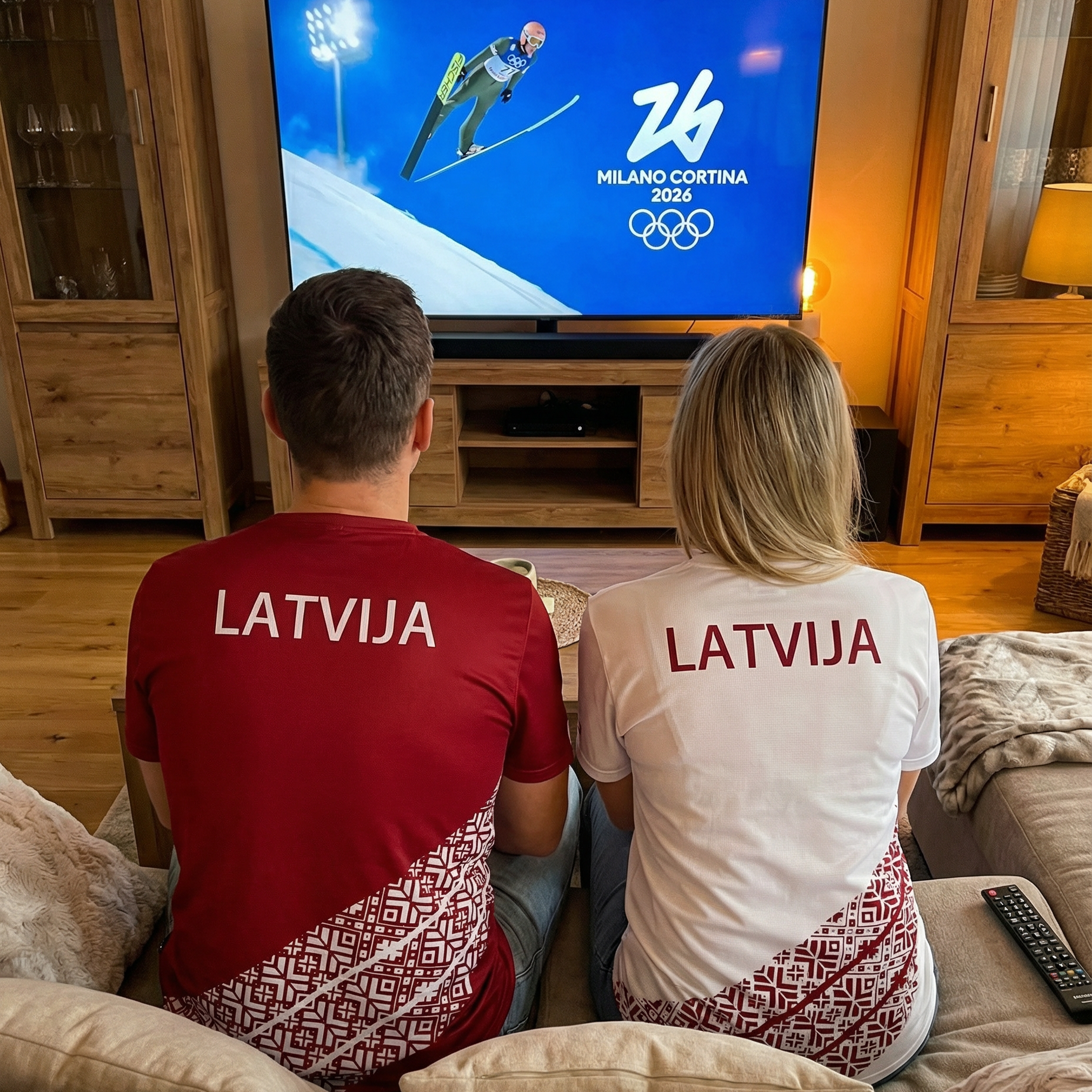 Two people wearing 'LATVIA' shirts sitting on a couch watching a TV displaying the 2026 Winter Olympics in Milan Cortina.