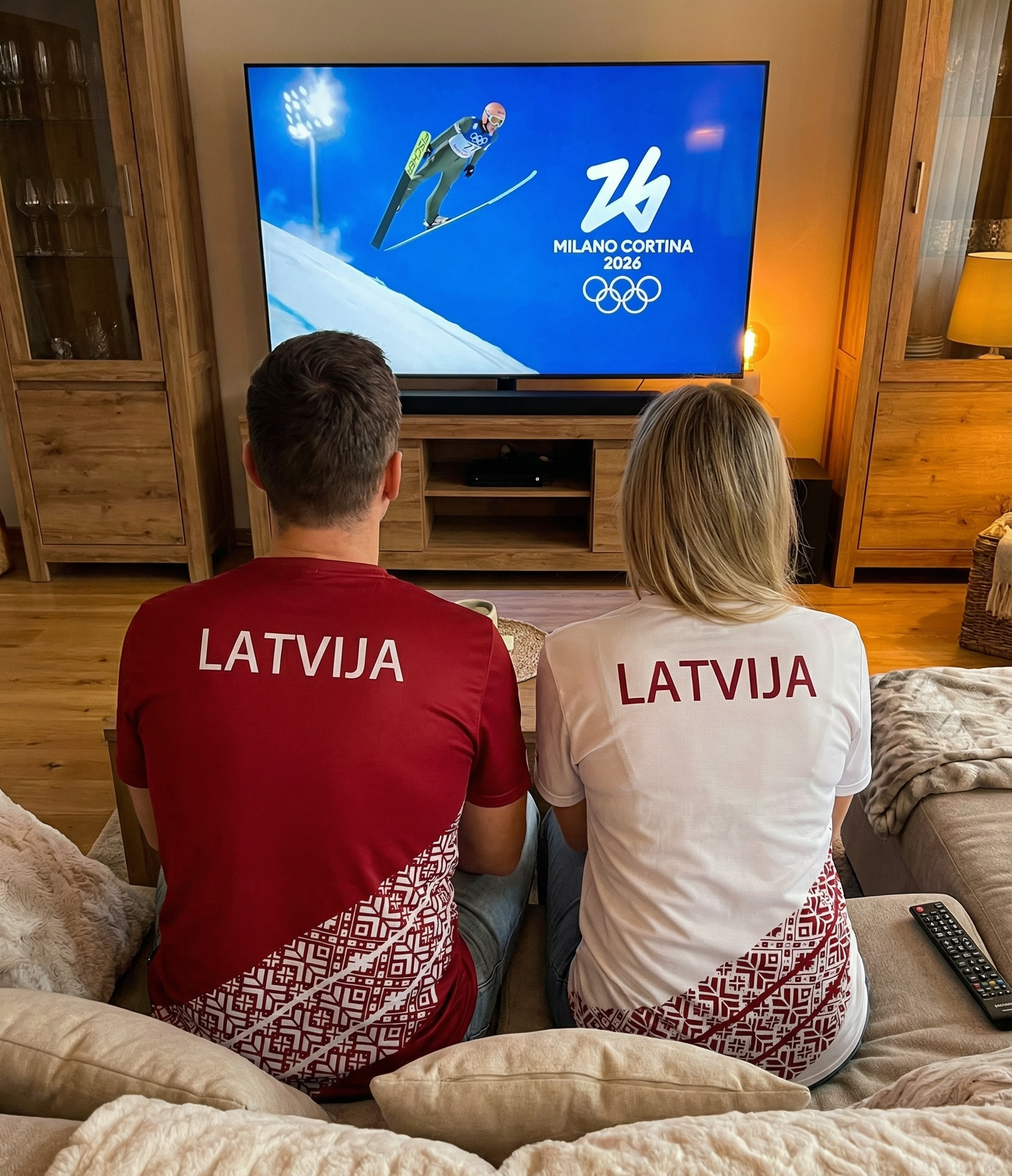 Two people wearing 'LATVIA' shirts sitting on a couch watching a TV displaying the 2026 Winter Olympics in Milan Cortina.