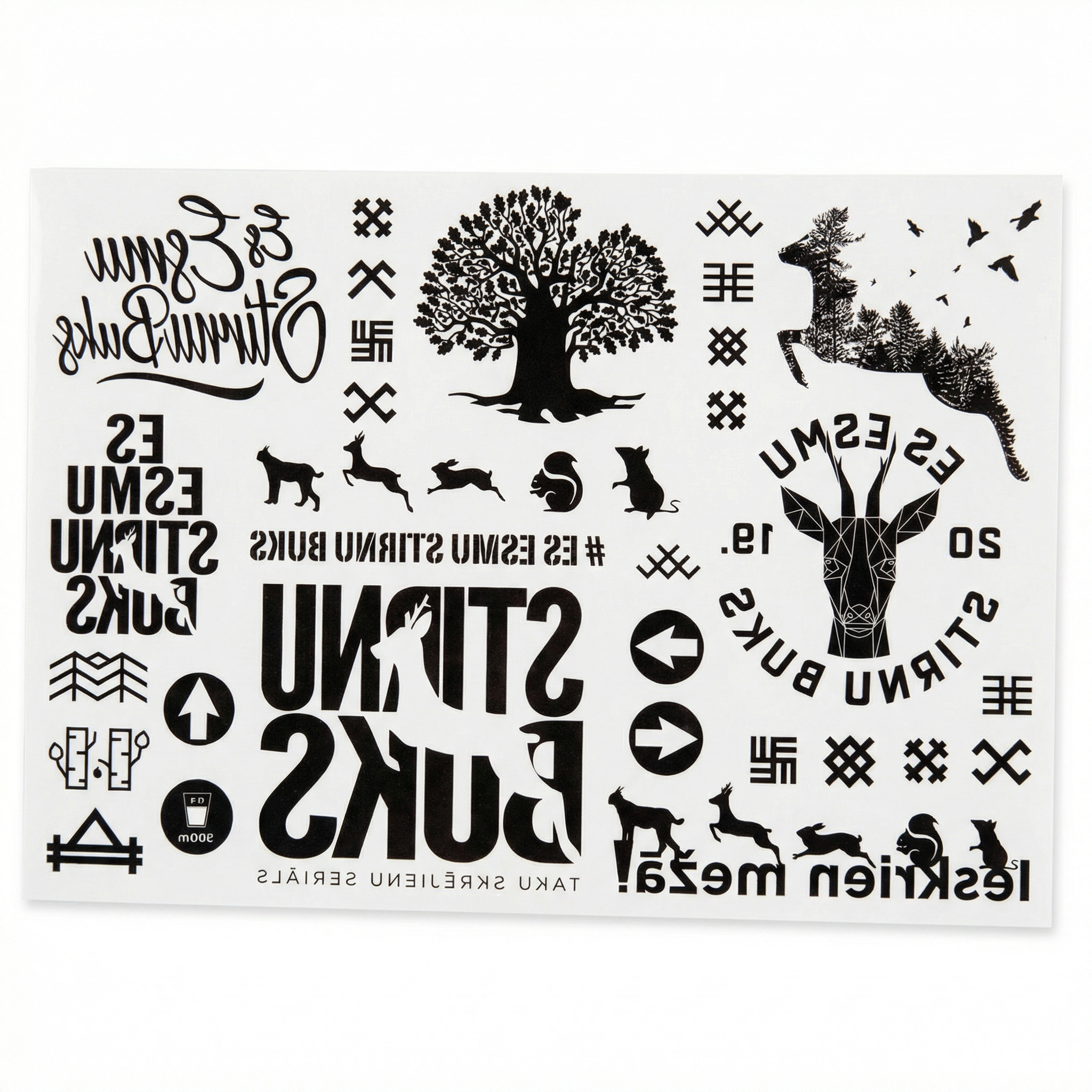 Card with black and white designs on a colorful background