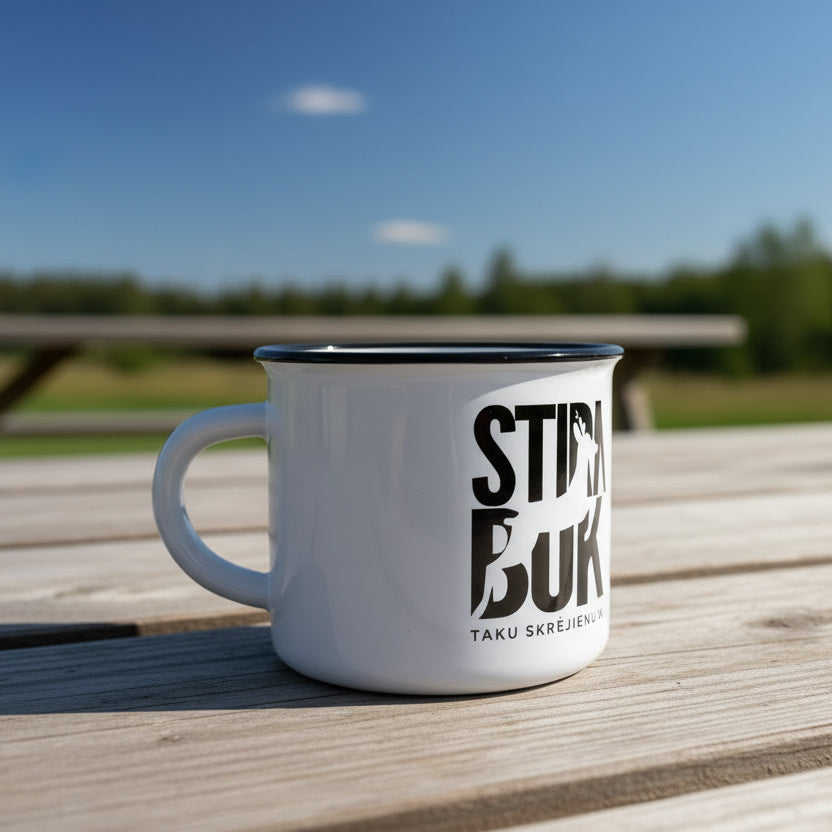 White mug with text on a green bush